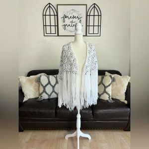 Beautiful Handmade White & Black Crochet Fringe Cover Shawl Floral One Size